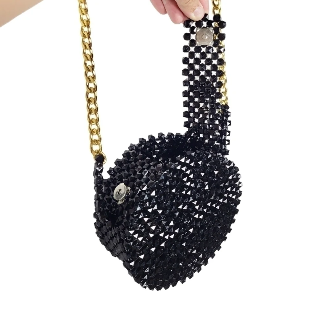 Beaded crossbody bag with chain black unique